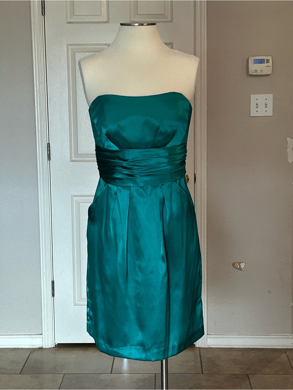 David's Bridal Strapless Teal Satin Party Dress
